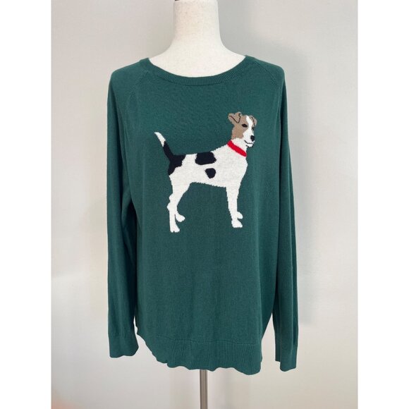St Johns Bay Jack Russell Terrier Dog Sweater Womens XL Green Crewneck - Picture 2 of 6